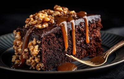 Fatia de bolo de chocolate úmida, coberta com ganache brilhante e um fio de caramelo. Decorada com nozes picadas, com um garfo dourado ao lado, destacando a delícia do doce.