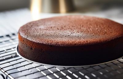 Fotografia de um bolo de cacau feito em forma redonda sem furo central. O bolo está sobre uma grade preta.