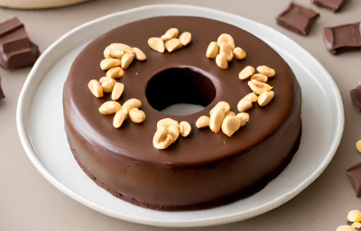 Fotografia de um brigadeirão de chocolate com pedaços de amendoim sobre um prato branco. Fotografia de um brigadeirão de chocolate com pedaços de amendoim sobre um prato branco.