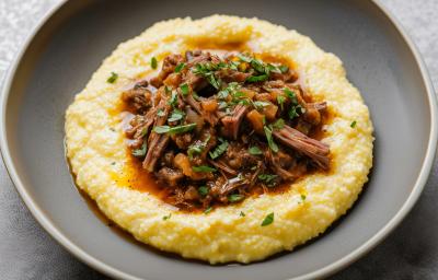 Fotografia de um prato fundo cinza com uma receita de ragu de carne finalizado com salsinha sobre polenta.