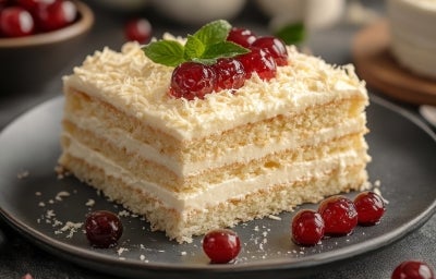 Fatia de bolo branco em camadas, recheada e coberta com creme de leite Ninho e finalizada com raspas do mesmo. Decorada com cerejas vermelhas brilhantes e folhas de hortelã no topo. Servida em prato escuro, com mais cerejas ao redor. Fatia de bolo branco em camadas, recheada e coberta com creme de leite Ninho e finalizada com raspas do mesmo. Decorada com cerejas vermelhas brilhantes e folhas de hortelã no topo. Servida em prato escuro, com mais cerejas ao redor.