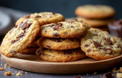 Em cima de uma mesa, prato com biscoitos redondos crocantes com chocolate picado derretido.