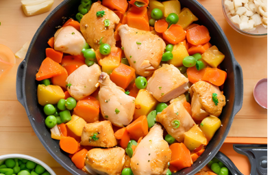 Cubinhos de frango dourados e macio, com pedaços suculentos desmanchando na boca. Dentro da panela ea o redor do frango, uma mistura colorida de legumes frescos, como cenouras cortadas em rodelas, batatas em cubos, ervilhas verdinhas, em uma panela Cubinhos de frango dourados e macio, com pedaços suculentos desmanchando na boca. Dentro da panela ea o redor do frango, uma mistura colorida de legumes frescos, como cenouras cortadas em rodelas, batatas em cubos, ervilhas verdinhas, em uma panela