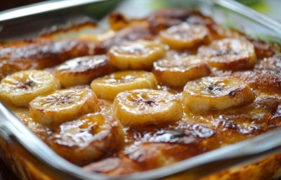 Em cima de uma mesa, refratário com bananas caramelizadas.