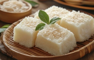 Fotografia de uma bandeja de bambu contendo quadrados de bolo de tapioca, cobertos com coco ralado, dispostos sobre uma superfície de madeira, com um fundo que destaca mais coco e folhas verdes.