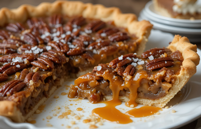 Fotografia em tons claros de uma fatia de torta de doce de leite com nozes sobre um prato grande, raso e branco. A fatia está ao lado do restante da torta que está salpicada com flor de sal.