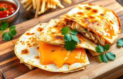 Fotografia de uma receita de quesadilla recheada com queijo e frango, tem folhas de coentro espalhadas por cima, e está sobre uma tábua de madeira. Fotografia de uma receita de quesadilla recheada com queijo e frango, tem folhas de coentro espalhadas por cima, e está sobre uma tábua de madeira.