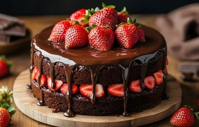 Bolo de chocolate rico, com ganache escorrendo pelas laterais, decorado com morangos inteiros e folhas de hortelã. Colocado em uma tábua de madeira rústica, o bolo tem morangos e pedaços de chocolate ao redor. Bolo de chocolate rico, com ganache escorrendo pelas laterais, decorado com morangos inteiros e folhas de hortelã. Colocado em uma tábua de madeira rústica, o bolo tem morangos e pedaços de chocolate ao redor.