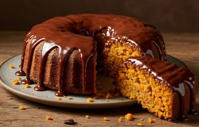 Bolo de cenoura com cobertura de chocolate, no formato de anel, com uma fatia generosa destacada à frente. A massa está bem úmida, com pedaços visíveis de cenoura, e a cobertura de chocolate aparece brilhante e abundante, escorrendo pelo bolo.