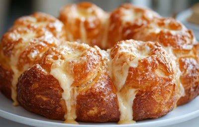 Fotografia de um bolo de pão de queijo, com pedaços douradas e brilhantes, cobertas por queijo derretido que escorre. O pão está em um prato branco, com um fundo suavemente desfocado. Fotografia de um bolo de pão de queijo, com pedaços douradas e brilhantes, cobertas por queijo derretido que escorre. O pão está em um prato branco, com um fundo suavemente desfocado.