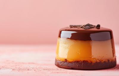 Fotografia com um fundo na cor rosa claro. Mais ao centro da foto, um mini pudim tradicional com a base de bolo de chocolate, por cima, raspas de chocolate para decoração.