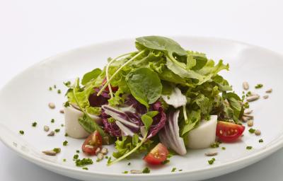 Fotografia de uma salada de agrião, tomate cereja e palmito temperados com vinagrete. A salada está em um prato branco fundo, com algumas sementes e cebolinha. Fotografia de uma salada de agrião, tomate cereja e palmito temperados com vinagrete. A salada está em um prato branco fundo, com algumas sementes e cebolinha.