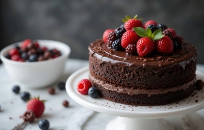 Um bolo de chocolate de duas camadas, coberto com ganache brilhante e decorado com uma variedade de frutas vermelhas, como morangos, framboesas e mirtilos.