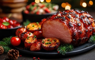 Fotografia de uma peça de tender com a fatia da frente cortada mostrando a parte de dentro com pedaços de batatas, cenoura e tomates-cereja assados.