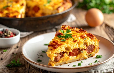 imagem mostra pedaços de uma torta com recheio colorido com pedaços de salsicha