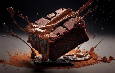 Fotografia de uma fatia de brownie com um pouco de chocolate derretido por cima e cacau em pó. Fotografia de uma fatia de brownie com um pouco de chocolate derretido por cima e cacau em pó.