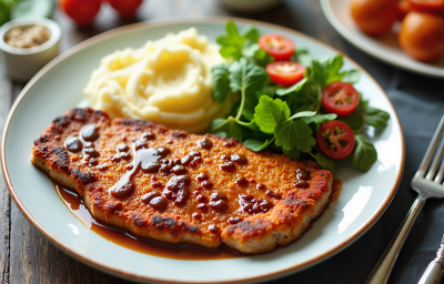 Fotografia em tons de branco com um prato branco ao centro. Em cima do prato existe uma receita de bife à milanesa coberto com molho de redução de vinho tinto, acompanhado de salada e purê Fotografia em tons de branco com um prato branco ao centro. Em cima do prato existe uma receita de bife à milanesa coberto com molho de redução de vinho tinto, acompanhado de salada e purê
