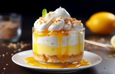 Fotografia de um recipiente de vidro pequeno com uma receita de tropicália deliciosa feita com NESTLÉ Creme de Leite, claras, bananas-nanicas e maracujás. O recipiente está apoiado em um prato branco pequeno de vidro. Fotografia de um recipiente de vidro pequeno com uma receita de tropicália deliciosa feita com NESTLÉ Creme de Leite, claras, bananas-nanicas e maracujás. O recipiente está apoiado em um prato branco pequeno de vidro.