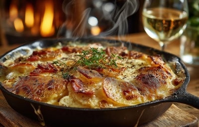Em cima de uma mesa, frigideira grande com batatas crocantes  com queijo gratinada com bacon.