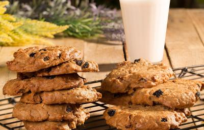 Fotografia em tons de marrom de uma bancada marrom com uma grade preta com cookies. Ao fundo ramos de flores e um copo de vidro com leite. Fotografia em tons de marrom de uma bancada marrom com uma grade preta com cookies. Ao fundo ramos de flores e um copo de vidro com leite.