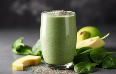 Fotografia de uma vitamina de abacate em um copo de vidro sobre uma mesa cinza. Ao fundo, folhas de hortelã e pedaços de abacate. Fotografia de uma vitamina de abacate em um copo de vidro sobre uma mesa cinza. Ao fundo, folhas de hortelã e pedaços de abacate.