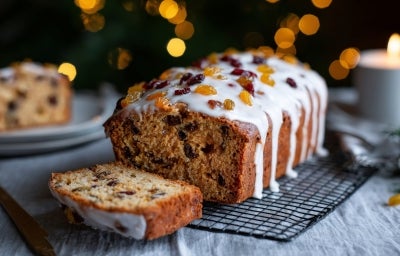 Fotografia de um bolo de frutas, com uma fatia cortada em destaque. O bolo é decorado com glacê branco e frutas secas coloridas. A cena é iluminada por uma vela, transmitindo um clima natalino.