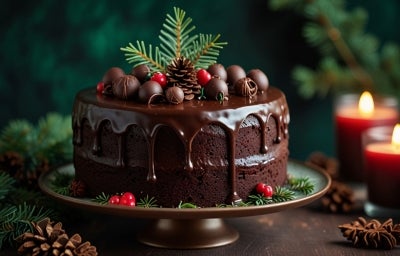 Fotografia de um bolo de chocolate decorado, com ganache brilhante escorrendo pelas laterais. O bolo é enfeitado com trufas de chocolate, frutas vermelhas e ramos de pinheiro, criando um ambiente festivo. Fotografia de um bolo de chocolate decorado, com ganache brilhante escorrendo pelas laterais. O bolo é enfeitado com trufas de chocolate, frutas vermelhas e ramos de pinheiro, criando um ambiente festivo.