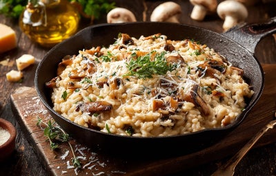 imagem mostra um prato com uma porção de risoto claro e pedaços de cogumelo e salsinha por cima
