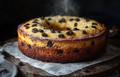 Fotografia de um bolo redondo dourado, exibido em uma tábua de madeira rústica. Com passas e uma leve camada de açúcar de confeiteiro, o bolo destaca-se em um fundo escuro. Fotografia de um bolo redondo dourado, exibido em uma tábua de madeira rústica. Com passas e uma leve camada de açúcar de confeiteiro, o bolo destaca-se em um fundo escuro.