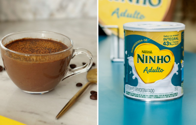 Foto dividida ao meio, na esquerda há uma xícara com a bebida de café gelado e à direita uma lata de ninho leite em pó adulto