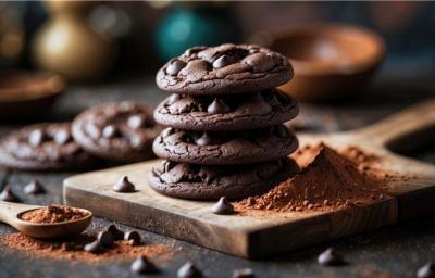 Fotografia em tons escuros de quatro cookies de chocolate com gostas de chocolate empilhados sobre uma tábua quadrada de madeira pequena sobre uma mesa de madeira escura. Ao lado dos cookies tem chocolate em pó, ao redor da tábua tem mais cookies. Fotografia em tons escuros de quatro cookies de chocolate com gostas de chocolate empilhados sobre uma tábua quadrada de madeira pequena sobre uma mesa de madeira escura. Ao lado dos cookies tem chocolate em pó, ao redor da tábua tem mais cookies.