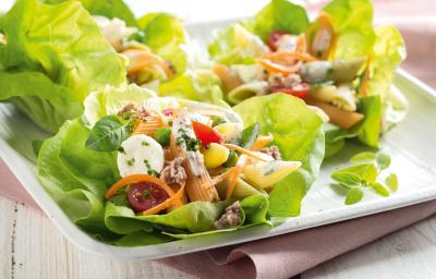 Fotografia em tons de branco e verde, ao centro salada de folhas verdes com macarrão, legumes e mozarela, sobre guardanapo rosa e bancada de madeira em tons de branco. Fotografia em tons de branco e verde, ao centro salada de folhas verdes com macarrão, legumes e mozarela, sobre guardanapo rosa e bancada de madeira em tons de branco.