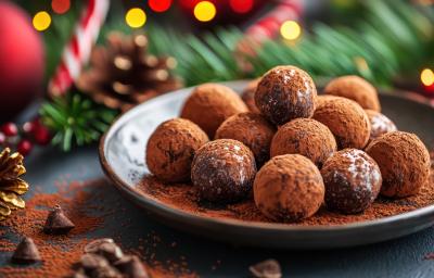 Fotografia mostra trufas de chocolate meio amargo com amêndoas, enroladas no cacau em pó.