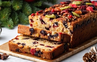 Fotografia de um bolo de frutas festivo, exibido em uma tábua de madeira. O bolo, denso e recheado com frutas secas e nozes, é cortado para mostrar seu interior colorido. O fundo sugere um tema natalino, com ramos de pinheiro.