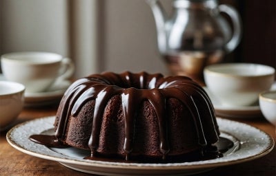 Bolo de chocolate Bundt é apresentado em um prato branco decorado, com uma cobertura de chocolate brilhante. Ao fundo, há xícaras de chá e um bule prateado. Bolo de chocolate Bundt é apresentado em um prato branco decorado, com uma cobertura de chocolate brilhante. Ao fundo, há xícaras de chá e um bule prateado.