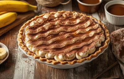 Em cima de uma mesa, banoffe em refratário, decorado com chantilly e canela em pó. Em cima de uma mesa, banoffe em refratário, decorado com chantilly e canela em pó.