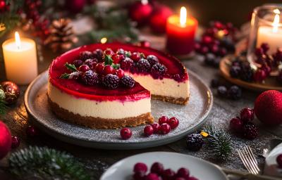 Fotografia mostra uma cheesecake com uma base de biscoito visível sob um creme claro, coberto por uma camada brilhante de geleia de frutas vermelhas. Frutas frescas como morangos, amoras e mirtilos decoram o topo. Decoração ao redo é natalina Fotografia mostra uma cheesecake com uma base de biscoito visível sob um creme claro, coberto por uma camada brilhante de geleia de frutas vermelhas. Frutas frescas como morangos, amoras e mirtilos decoram o topo. Decoração ao redo é natalina