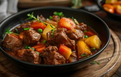 Fotografia mostra um prato com carne, cenoura e batata picadas. A carne parece suculenta devido ao molho que compõe o prato. Fotografia mostra um prato com carne, cenoura e batata picadas. A carne parece suculenta devido ao molho que compõe o prato.