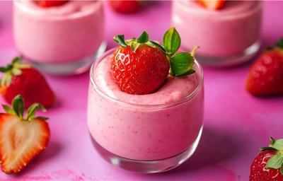 Fotografia em tons de rosa com três potinhos de vidro ao centro. Dentro de cada potinho existe uma receita de mousse de gelatina com iogurte com aspecto aveludado e finalizada com um morango