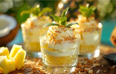 A imagem traz um doce de abacaxi ao fundo do copo, coberto por um creme branco e chocolate branco. A decoração é feita com folhas de hortelã e coco queimado