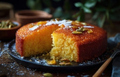 Fotografia de um bolo de semolina, com crosta dourada e interior macio. Decorado com pistachios e flocos de coco, em um prato escuro.