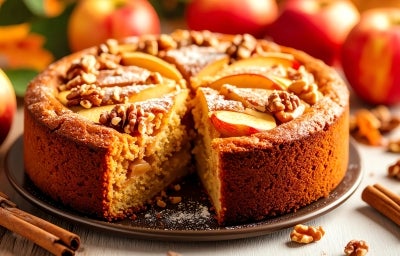 Fotografia de um bolo de maçã caseiro, com uma crosta dourada e interior úmido, decorado com fatias de maçã e nozes, polvilhado com açúcar de confeiteiro, acompanhado por maçãs vermelhas e canela.