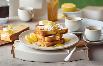 Fotografia em tons de branco com um prato branco ao centro. Em cima do prato existe uma receita de rabanada cítrica coberta com creme de especiarias, limão e mel Fotografia em tons de branco com um prato branco ao centro. Em cima do prato existe uma receita de rabanada cítrica coberta com creme de especiarias, limão e mel