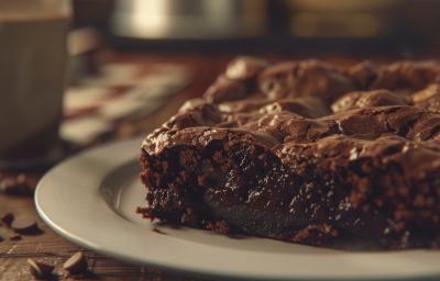 Fotografia de um pedaço de brownie de chocolate em um prato pequeno, branco de vidro raso. O prato está sobre uma mesa de madeira. Ao lado do prato tem uma xícara de tom claro. Fotografia de um pedaço de brownie de chocolate em um prato pequeno, branco de vidro raso. O prato está sobre uma mesa de madeira. Ao lado do prato tem uma xícara de tom claro.