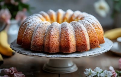 Fotografia de um bolo bundt dourado, polvilhado com açúcar de confeiteiro, em um suporte decorativo. O fundo sugere um ambiente acolhedor, com bananas e flores.