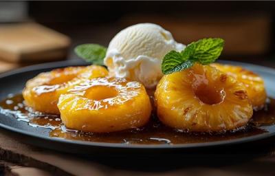 Fotografia de um prato raso preto grande com algumas rodelas de abacaxi caramelizado com calda de caramelo por baixo. No centro tem duas bolas de sorvete de creme com folhas de hortelã. Fotografia de um prato raso preto grande com algumas rodelas de abacaxi caramelizado com calda de caramelo por baixo. No centro tem duas bolas de sorvete de creme com folhas de hortelã.