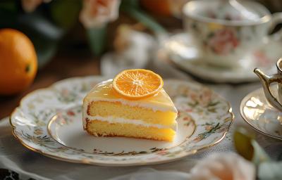 Fotografia de uma receita de bolo chiffon sobre um prato branco com a borda decorada. Por cima do bolo tem uma rodela de laranja com um creme de moça no recheio de na cobertura. Fotografia de uma receita de bolo chiffon sobre um prato branco com a borda decorada. Por cima do bolo tem uma rodela de laranja com um creme de moça no recheio de na cobertura.