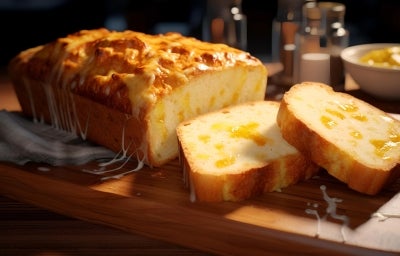 Fotografia de um bolo de queijo recém-assado, com crosta dourada e queijo derretido, exibido em uma tábua de madeira. O interior é macio e fofo, sugerindo um ambiente acolhedor e caseiro. Fotografia de um bolo de queijo recém-assado, com crosta dourada e queijo derretido, exibido em uma tábua de madeira. O interior é macio e fofo, sugerindo um ambiente acolhedor e caseiro.