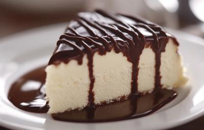 Fotografia mostra uma fatia de torta sorvete com camadas bem definidas de ganache de chocolate e sorvete cremoso.