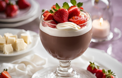 Fotografia mostra uma taça de vidro com camada de chocolate ao leite, chocolate branco e morango.